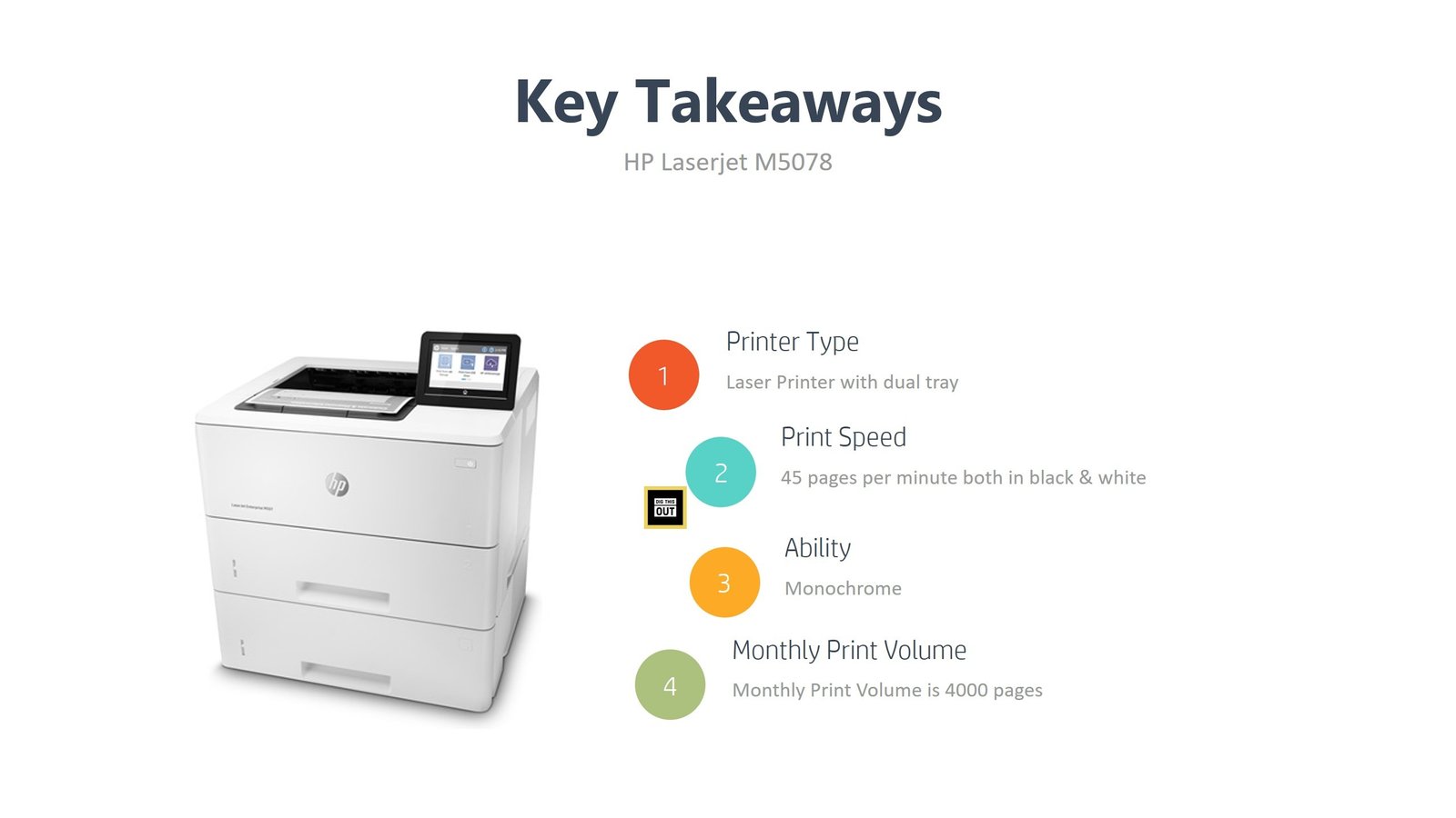 Key Takeaway of HP Laserjet Laser printer with doual-tray